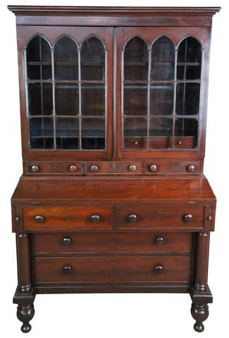 Rare Antique Federal American Mahogany Secretary Writing Desk Gothic Bookcase Cover