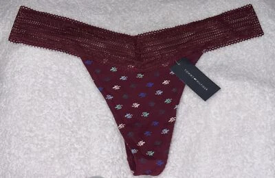 TOMMY HILFIGER Algodón Cursivo Logo Encaje Cintura Granate V Tanga Panty Mujer M L Foto 1 de 4
