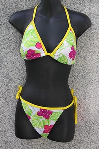 SET BIKINI TRIANGOLO TAGLIA M GIALLO VERDE FIORI COLORATI CON GLITTER PADS - Foto 1 di 1