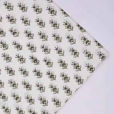 2.5 Yard New Floral Pure Cotton Indian Hand-Block Gray Fabric Running Craft - Image 1 of 4
