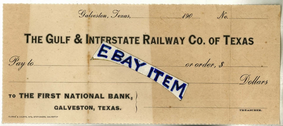 1906 GALVESTON National Bank Check GULF & INTERSTATE RAILWAY COMPANY of Texas - Image 1 of 1