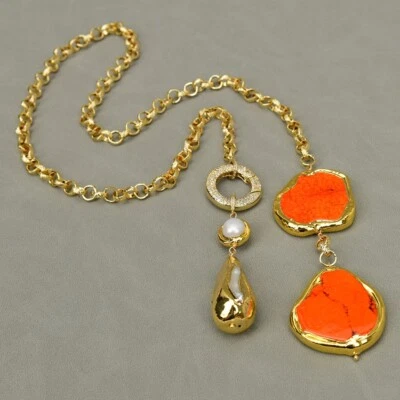 29" White Biwa Pearl Orange Turquoise Gems Stone Lariat Chain Necklace Pendant - image 1 of 4
