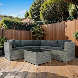 6 Pieces PE Rattan Sectional Outdoor Furniture Cushioned Sofa Set Grey Wicker - Picture 1 of 17