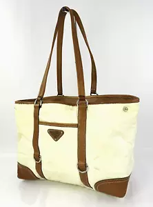 Authentic PRADA Beige Nylon and Brown Leather Tote Bag Purse #60796 - Picture 1 of 15