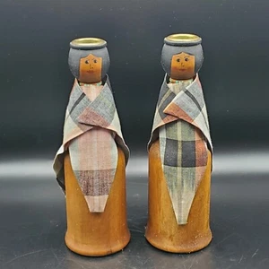 Vintage Wooden Set Native American Indian Wooden Candlestick Figures Holders - Picture 1 of 10
