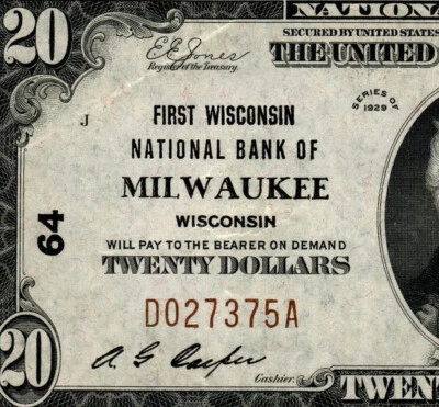 1929 $20 National Currency First Wisconsin Bank of Milwaukee, Wisconsin PMG 35 - Image 1 of 4