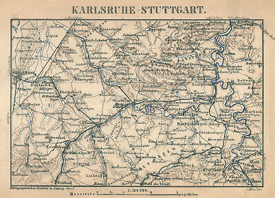 Karlsruhe Stuttgart Umgebung Original Lithografie Landkarte Bibl. Inst. 1875 • 26.32€