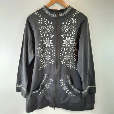 Chaqueta Roamans Mujer Talla 1X Gris Completa Doble Cremallera Bolsillos Floral Bordado Foto 1 de 4