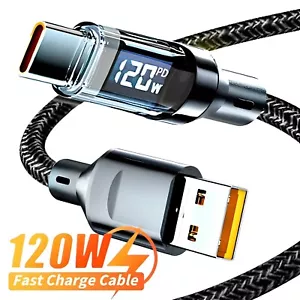 120w Super Fast USB Type-C Charging Cable Braid Phone Charger Lead with Display - Picture 1 of 10