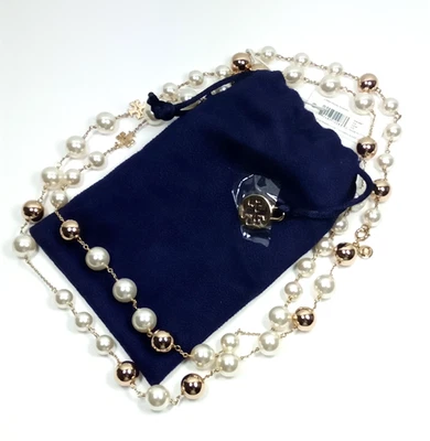 Tory Burch NOVO Logotipo de Pérola Kira Colar e Bolsa Declaração Corrente de Ouro Rosário 18" - Imagem 1 de 4