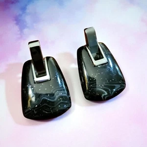 Vintage schwarze Aventurin Glas Ohrringe Türklopfer silberfarben Ohrstecker - Bild 1 von 7
