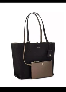 Lauren Ralph Lauren Reversible Large Tote Bag Faux Leather Black/Taupe w/Pouch - Picture 1 of 7