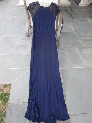 BADGLEY MISCHKA Collection NAVY Blue Jersey GOWN Dress BEADED Cap Sleeves 6 NWT - Image 1 of 4
