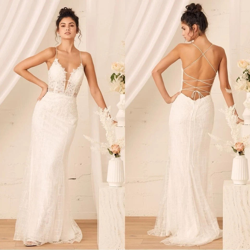 Vestido maxi de renda bordado com cadarço glitter branco tamanho 4 - Novo sem etiquetas Lulus Wonderstruck - Imagem 1 de 4