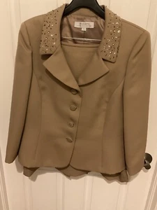 Tahari Arthur S Levine Womens Skirt Suit Set Taupe with sequin lapelDots Size 14 - Picture 1 of 9