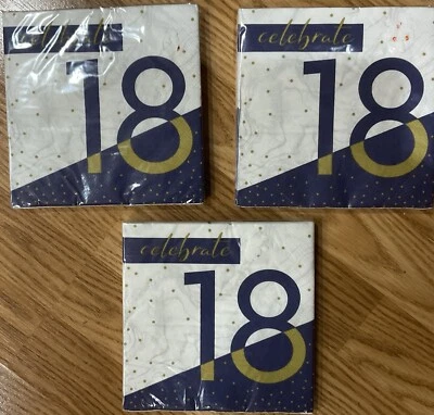 Lot Of 3 Navy & Gold 18th Birthday Lunch Napkins Paper 16 Per Pack 6.5" x 6.5" - Image 1 of 4
