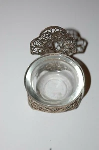ANTIQUE RUSSIAN FILIGREE SILVER TEA BAG HOLDER WITH GLASS INSERT BOWL - Picture 1 of 10