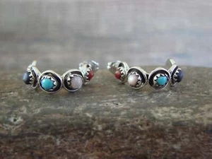Zuni Indian Sterling Silver Multi Stone Half Hoop Post Earrings by Lonasee - Picture 1 of 6