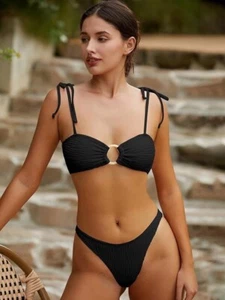 ZAFUL Women's Sexy Tie Spaghetti Strap Bikini Textured O Ring Ruched High Leg - Picture 1 of 8