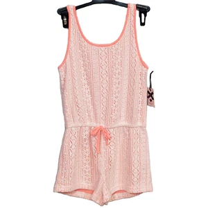 Girls Forever 21 Crochet Romper Overall Neon Coral Cream Size M - Picture 1 of 4