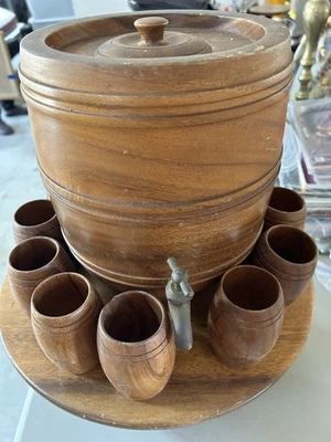 Vintage Monkey Pod Wood Barrel Drink Dispenser With 12 Cups On Lazy Susan Wiskey - Image 1 of 4