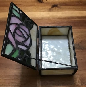 Vintage Slag Stained Glass Trinket Hinged Jewelry Box Pink Rose Design Rectangle - Picture 1 of 11
