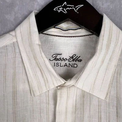 Tasso Elba Men's Large Linen Cotton Blend Ivory Striped Shirt Long Sleeve - Image 1 of 4