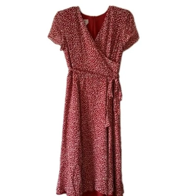 VNT Talbots Faux Wrap Dress Womens SZ  14 Silk Tie Waist Layered Hem Red White - Image 1 of 4
