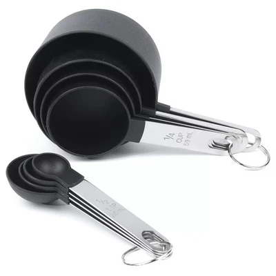 Measuring Cups and Spoons Set of 8 pcs Stackable Black Plastic Baking Cooking - Image 1 of 4