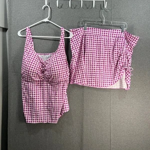 Isaac Mizrahi LIVE! Bridgehampton Tankini Skirt Set Purple Gingham, Plus 26 - Picture 1 of 13