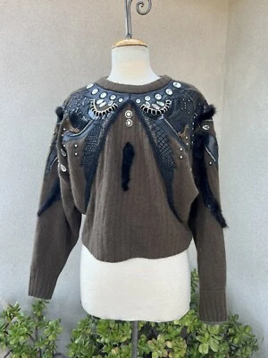 Vintage Sweater Erez 80s wool  embellish leather fur beads Small - Image 1 of 4
