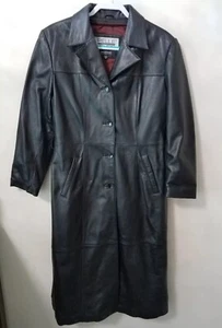 Pelle Studio Leather Trench Coat Womens  Size M Long Lined Soft Heavy  Black Y2K - Picture 1 of 10