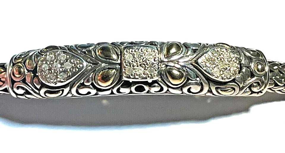 NEW BALI COUTURE  SILVER/18K 4X6MM TULANG NAGA CHAIN/DIAMOND PAVE CENTER 8" - Image 1 of 4