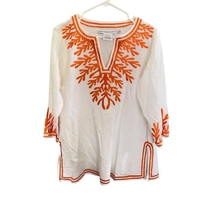Gretchen Scott White & Orange 100% Baumwolle Tunika Top Koralle Stickerei Gr. L - Bild 1 von 5