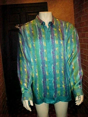 CAMISA DE SEDA TEXTURIZADA AZUL JOEY RICHI VINTAGE PARA HOMBRE GEOMÉTRICA HERMOSA 2XLG Foto 1 de 4