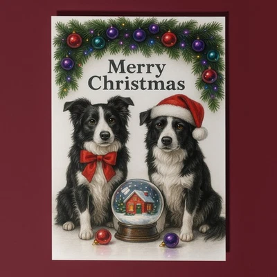SMART JESTER Border Collie Dogs - Snow Globe - Merry Christmas Card & Envelope Personalised