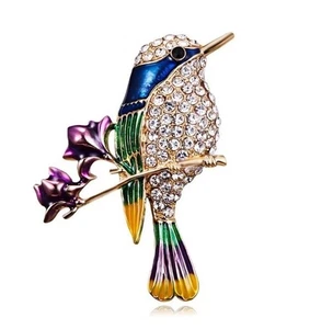 Rhinestone Colorful Robin Flower Brooch Pin for Women Girls Gold-Toned Enamel - Picture 1 of 6