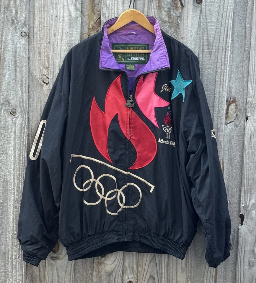 Chaqueta De Colección Atlanta 1996 Juegos Olímpicos Starter Negra 100 Años Talla Grande Llama Grande Foto 1 de 4