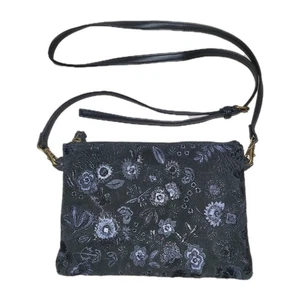 Lucky Brand Black Floral Embroidered Leather Crossbody Purse/Clutch 9" x 6-1/2" - Picture 1 of 12