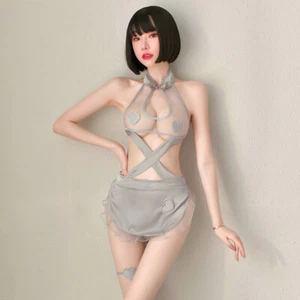 Damen Hausmädchen Erotik Kostüm Kleid durchsichtig sexy Cheongsam Netz Rüschen ärmellos - Bild 1 von 15