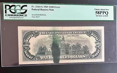 $100 1969 FRN tinta mancha en la parte posterior PCGD 58PPQ Foto 1 de 2