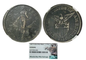 1907 USA-Philippines 1 Peso Manila Bay War Salvage NGC Grade Genuine WWII Silver - Picture 1 of 7