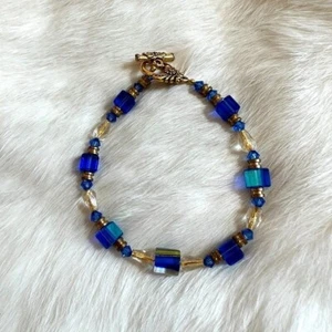 Geometric Glass Bracelet Blue Fairy Beaded Gold Tone Toggle Clasp Art Deco 13318 - Picture 1 of 11