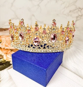 Royal Princess Pink Rhinestone Crown for Women, Bridal Wedding, Birthday Party - Picture 1 of 5