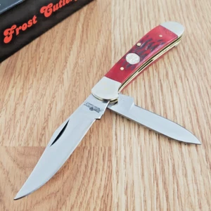 Frost Cutlery Copperhead Pocket Knife Stainless Steel Blades Red Bone Handle - Picture 1 of 13