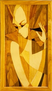 Cubisme bois mosaïque marqueterie incrustation panneau boho encadré maison décor - Imagen 1 de 15