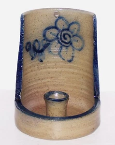 LOVELY SIGNED SALT GLAZED STONEWARE BLUE FLOWER WALL SCONCE TAPER CANDLE HOLDER - Picture 1 of 5