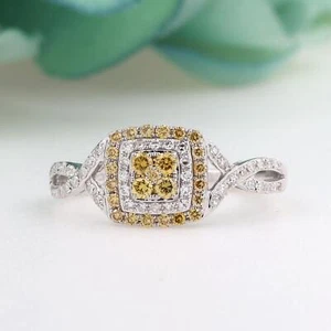 EFFY 14K White Gold Yellow and White Diamond Square Halo Ring 0.37 TW Size 7 - Picture 1 of 10