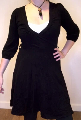 Vintage Y2K Forever 21 S Black Stretch Wrap 3/4 Long Sleeve Goth A-line Dress - Image 1 of 4