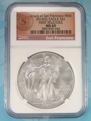 2014 (S) NGC MS69 SILVER EAGLE STRUCK AT SAN FRANCISCO FIRST RELEASES RARE LABEL - Image 1 of 3